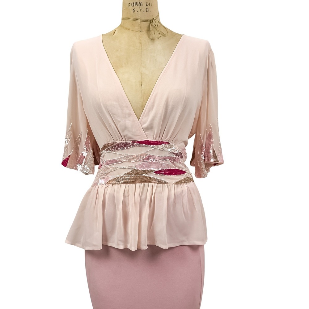 Y2K Glam Sequin Beaded Peplum Blouse V-Neck Flutter Sleeve Top Pink Coquette L